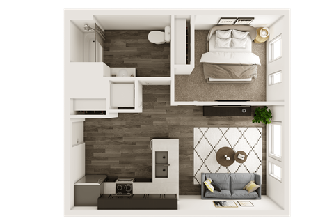 Floor plan for 1 bed, 1 bath, 598 sqft
